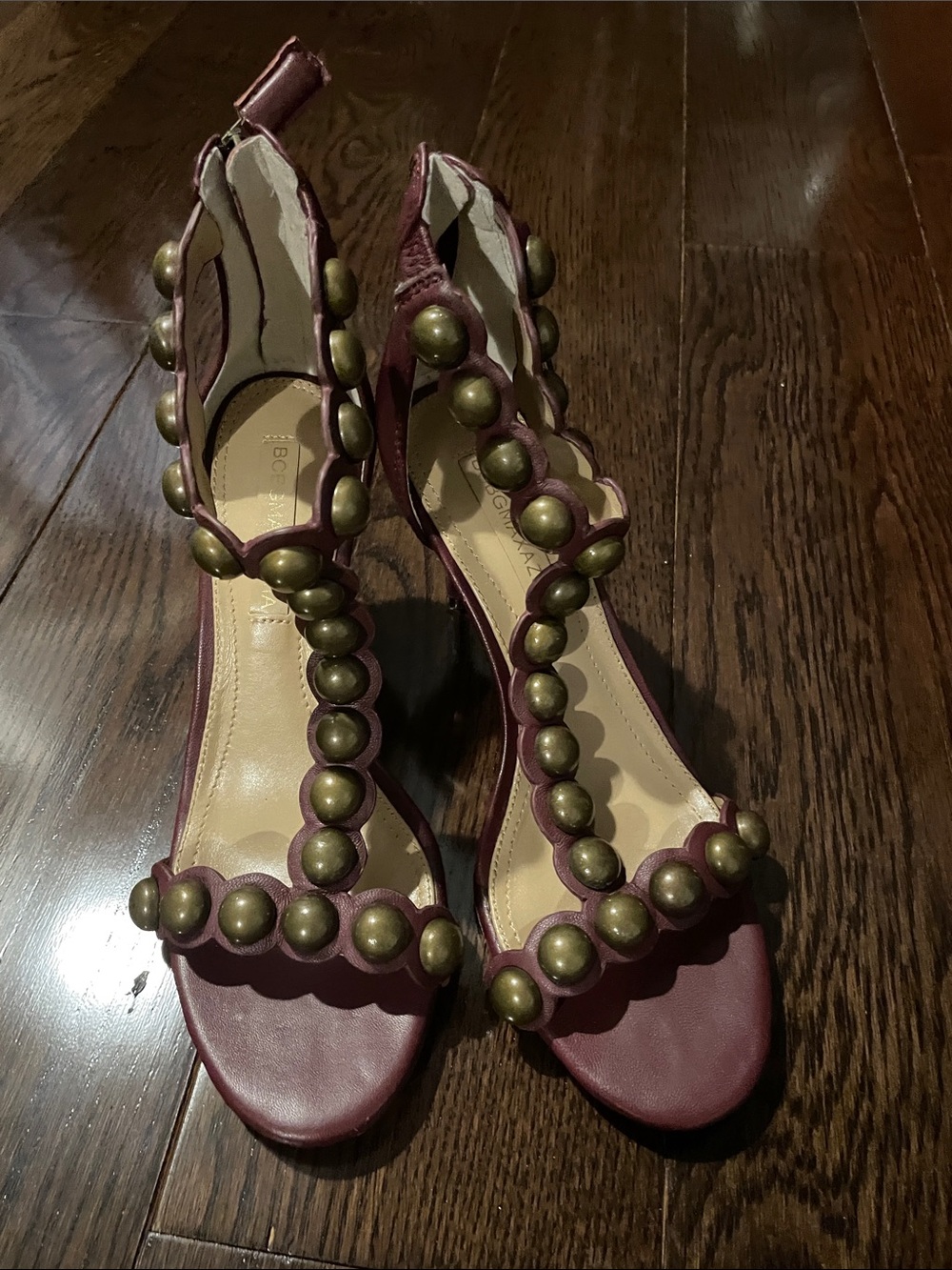 BCBGMaxAzria Burgundy Beaded T-Strap Heels
